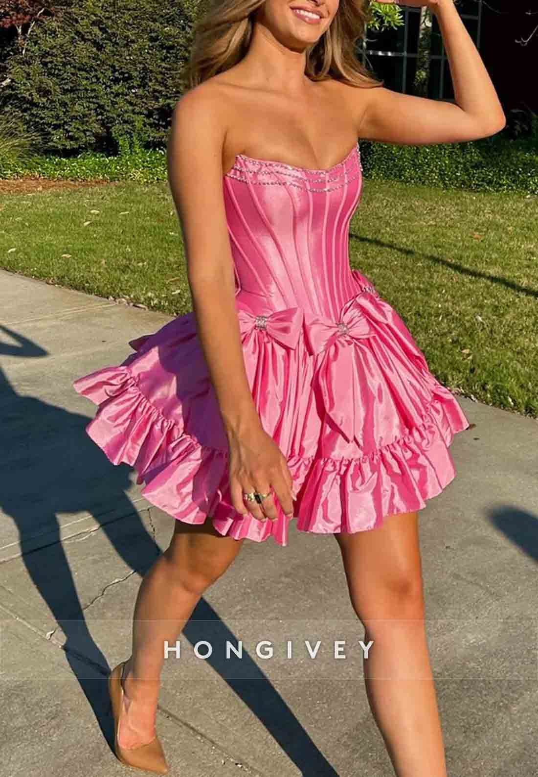 Bowknot Ruched Strapless Satin Pleated Ball Gown Short Homecoming Dresses