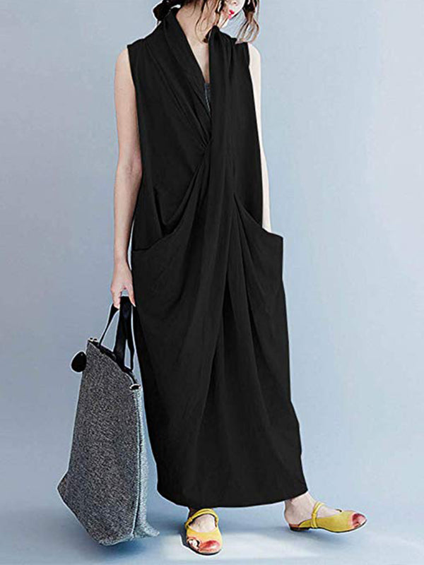 Draped V-Neck Sleeveless Pocket Cocoon Maxi Dress 6