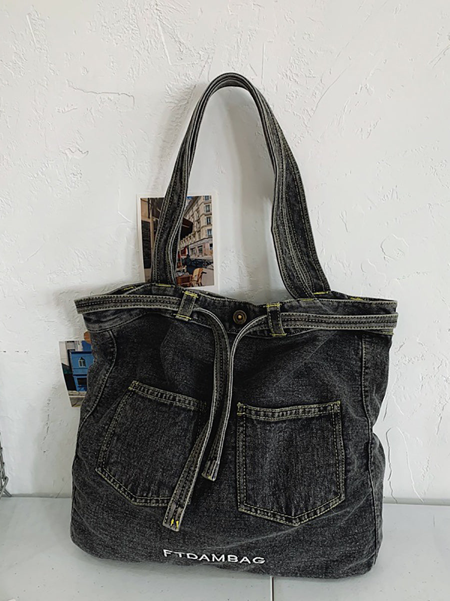 Vintage Solid Pocket Denim Handbag Shoulder Bag