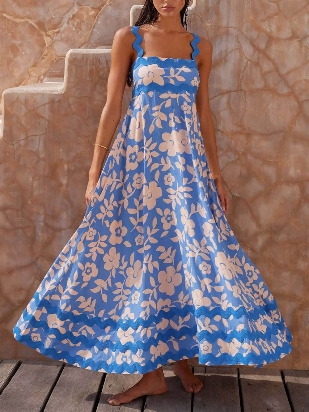 Printed Square Neck Strap Maxi Dress - Fashionpara