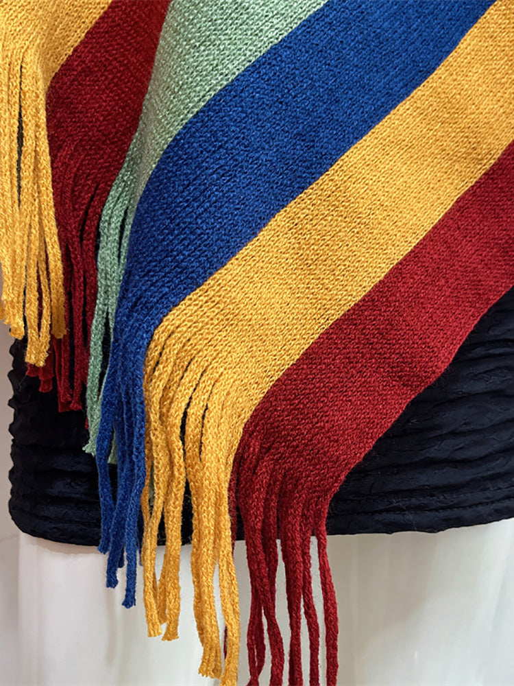 Knitted Striped Tassel Poncho 5