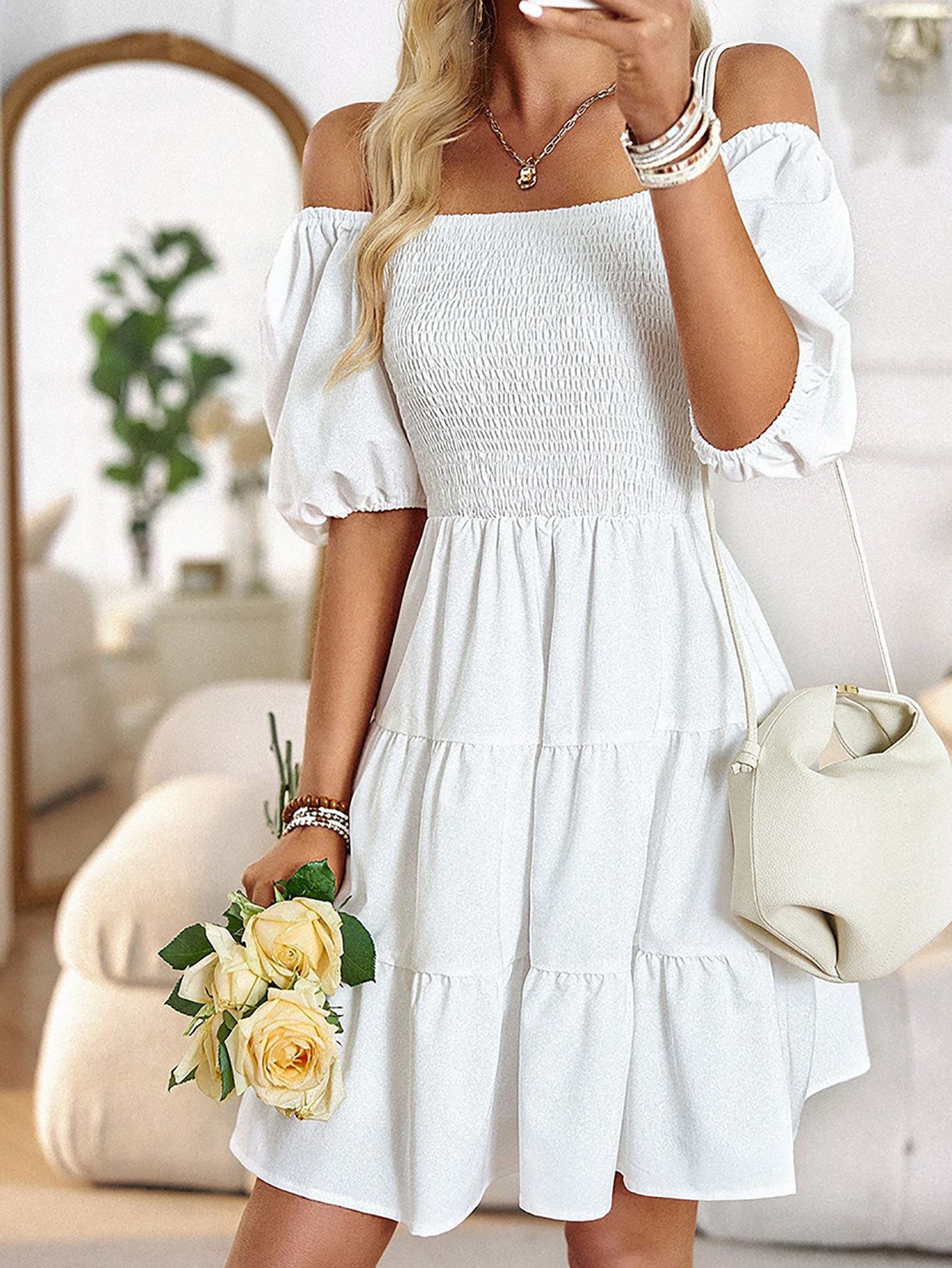 White Off The Shoulder Short Graduation Dress With Short Sleeves - Fashionpara