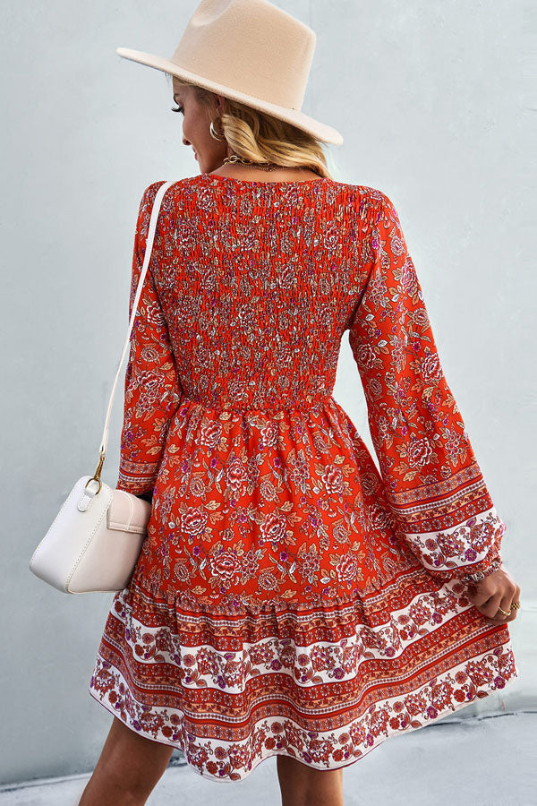 Bohemia Smocked Bust Long Sleeve Printed Dress