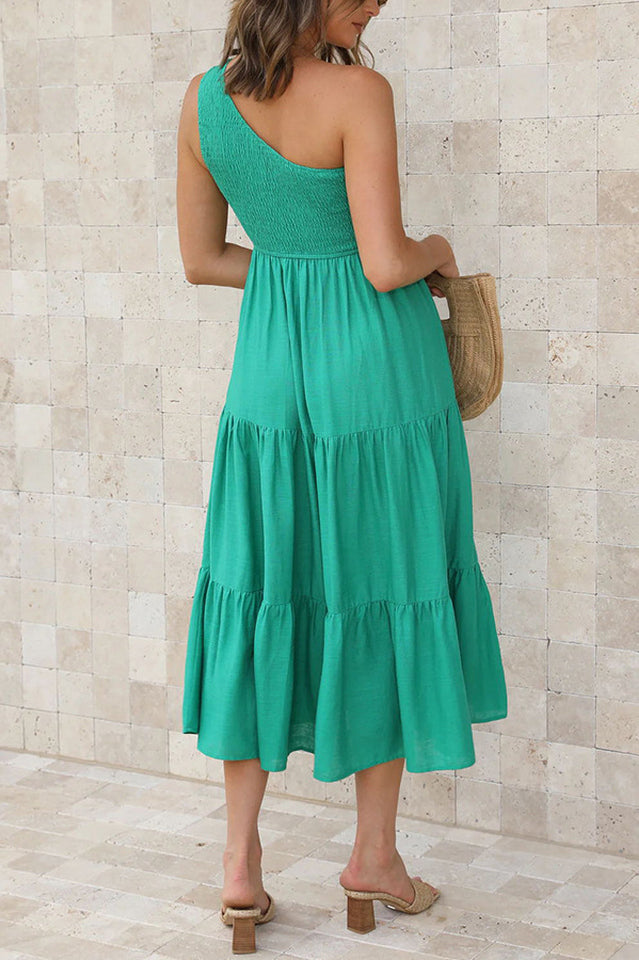 One Shoulder Shirred Tiered Midi Dress 5