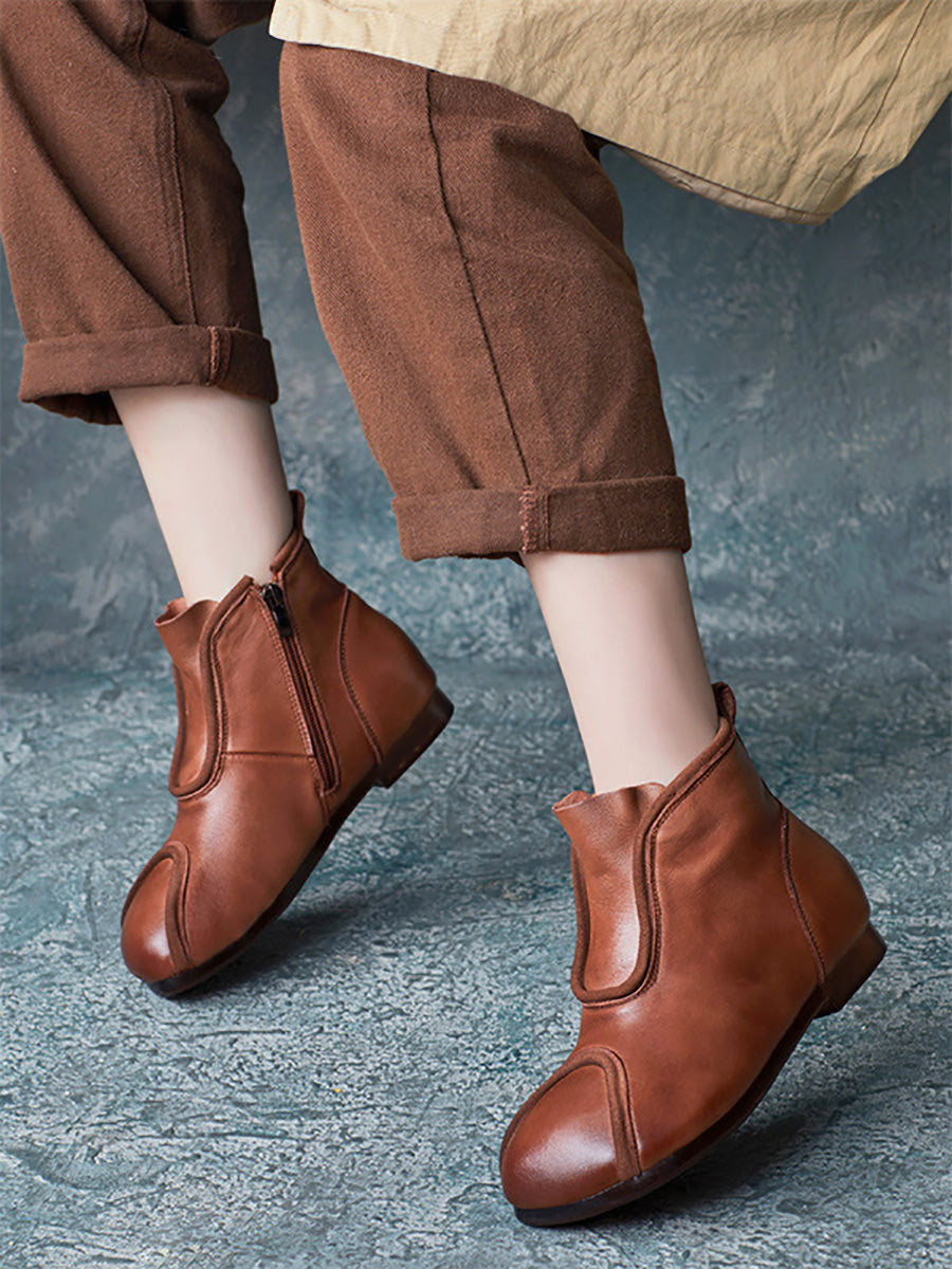 Genuine Leather Spliced Solid Low Heel Ankle Boots