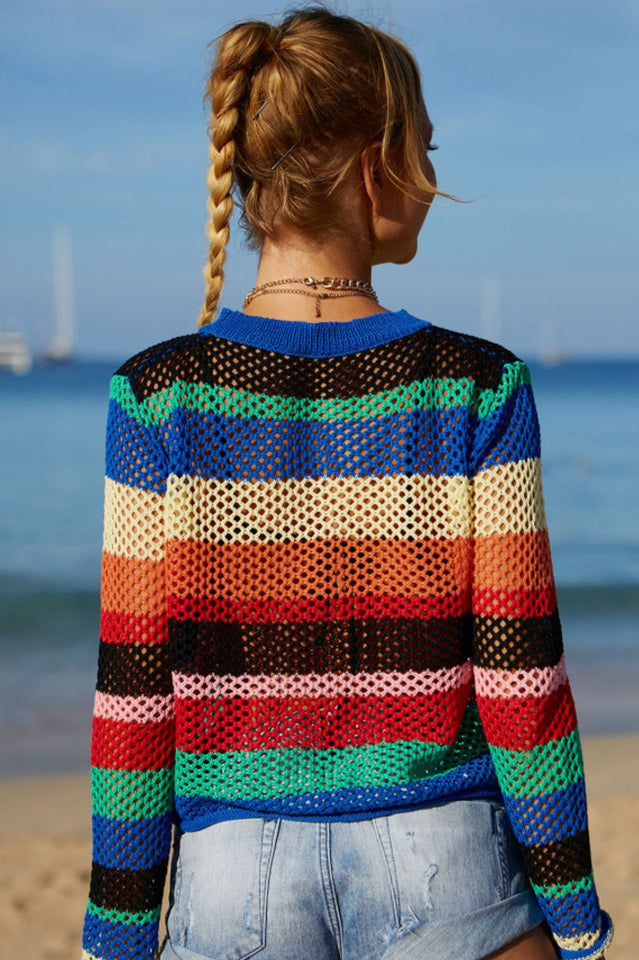 Rainbow Stripe Openwork Long Sleeve Cover Up - Fashionpara