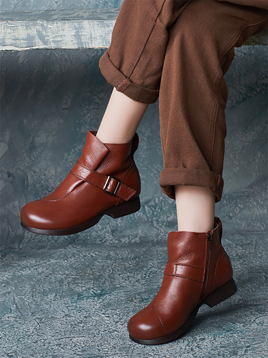 Vintage Autumn Soft Leather Buckle Low Heel Boots