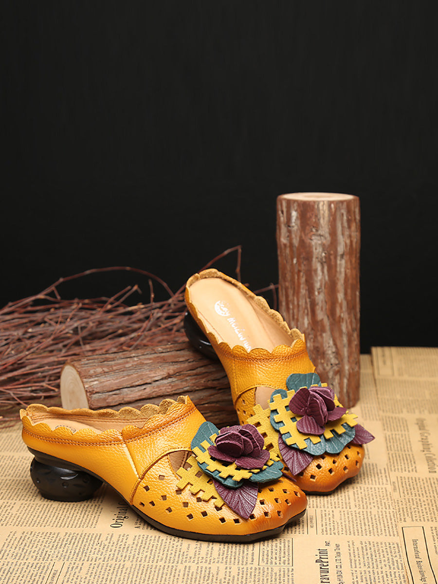 Ethnic Leather Flower Spliced Low Heel Sandals