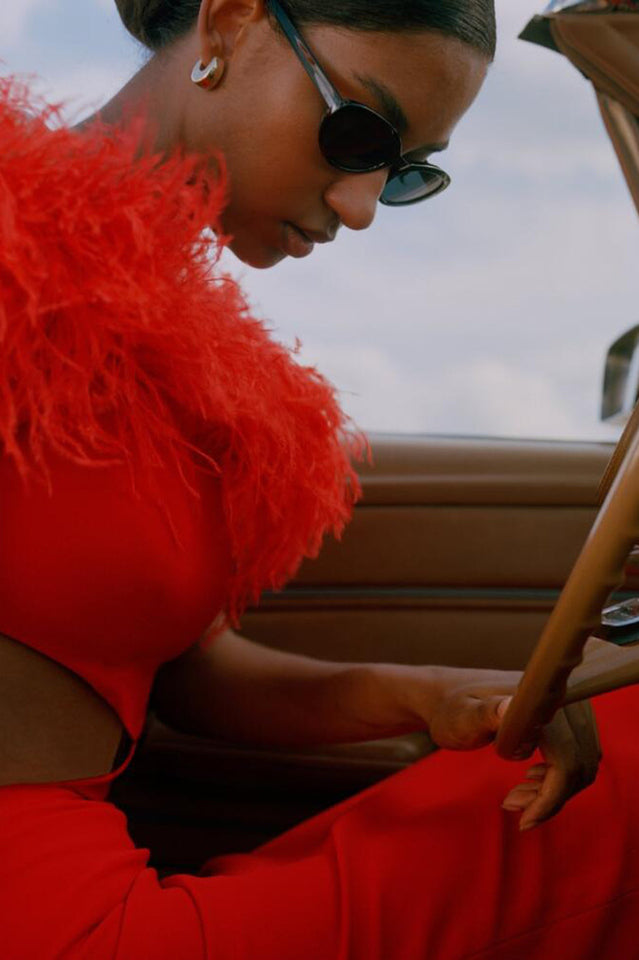 Cutout Feather Trim Spaghetti Strap Dress - Fashionpara