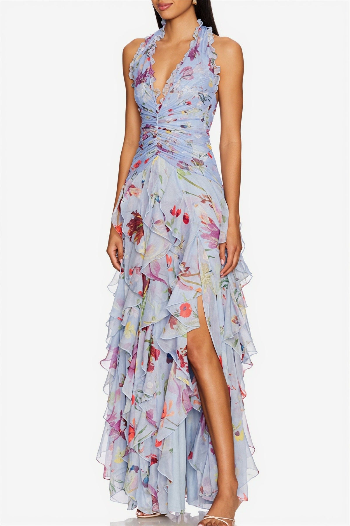Floral Ruffle Halter Neck High Split Maxi Gown