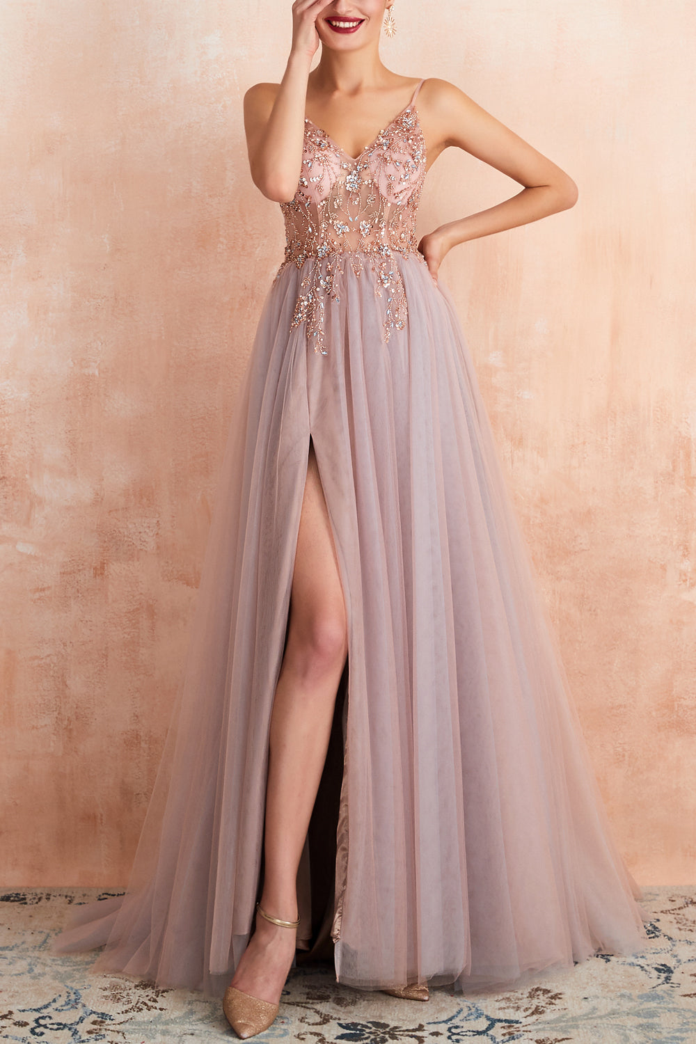A Line Grey Pink V-neck Tulle Prom Dress with Slit - Fashionpara