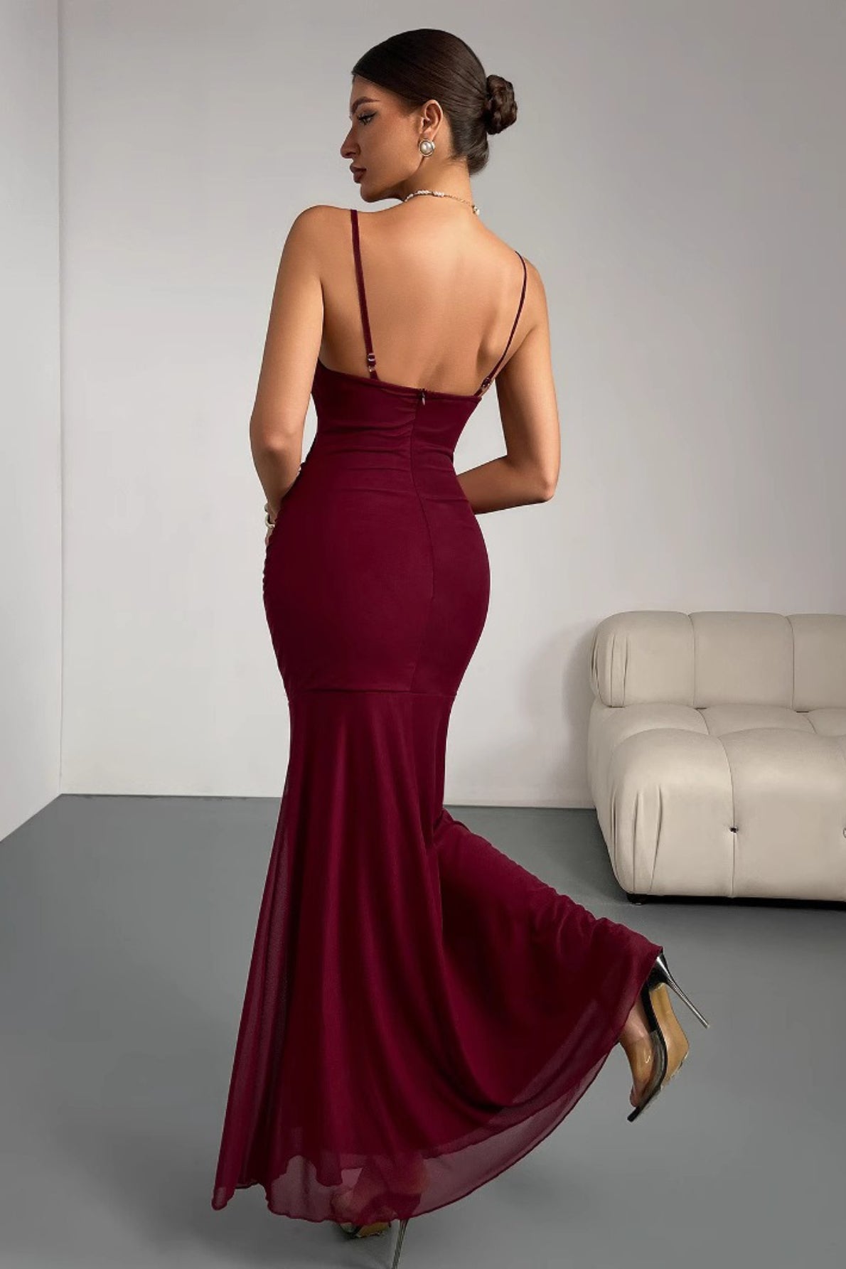 Spaghetti Strap Floral Trim Ruched Bodycon Mermaid Maxi Formal Dress - View 2