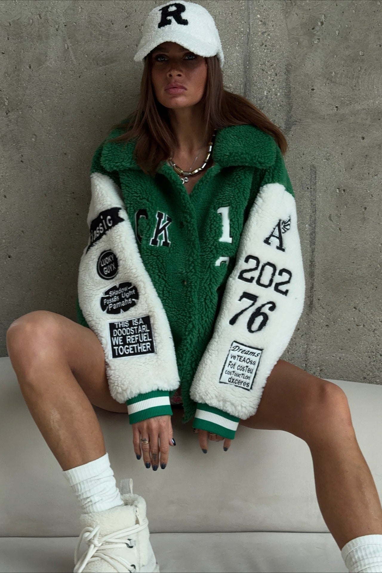 Chic Color Block Sherpa Letter Lapel Coat