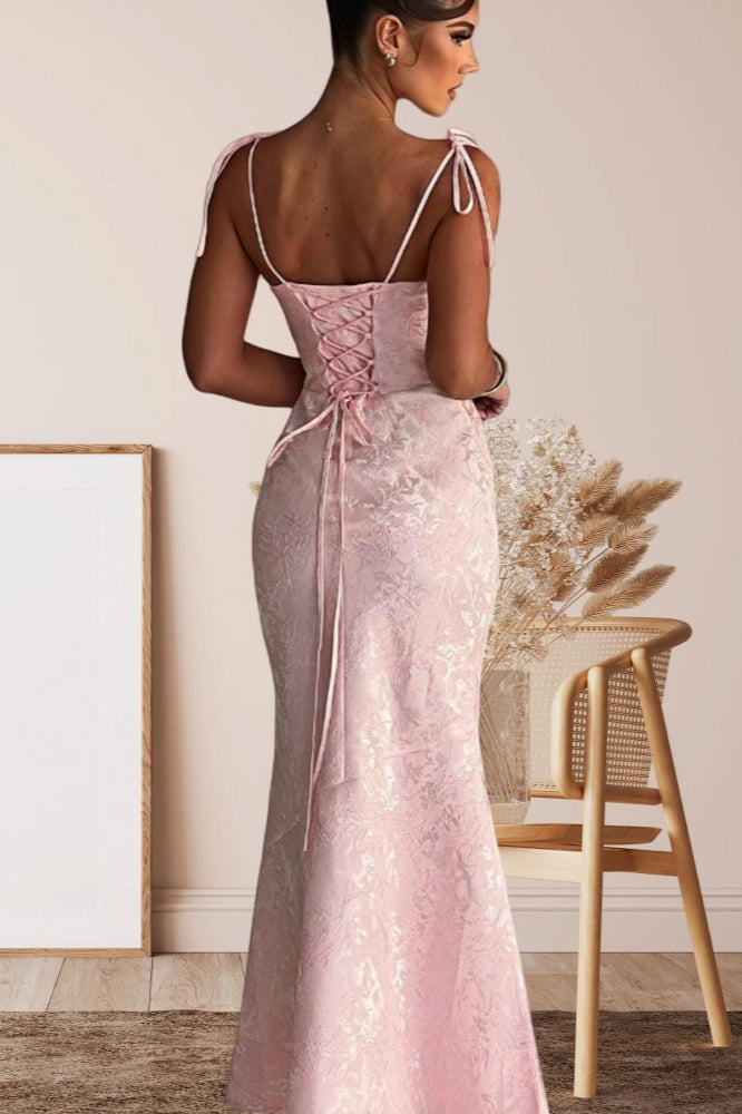Jacquard Square Neck Tie Strap Mermaid Maxi Dress