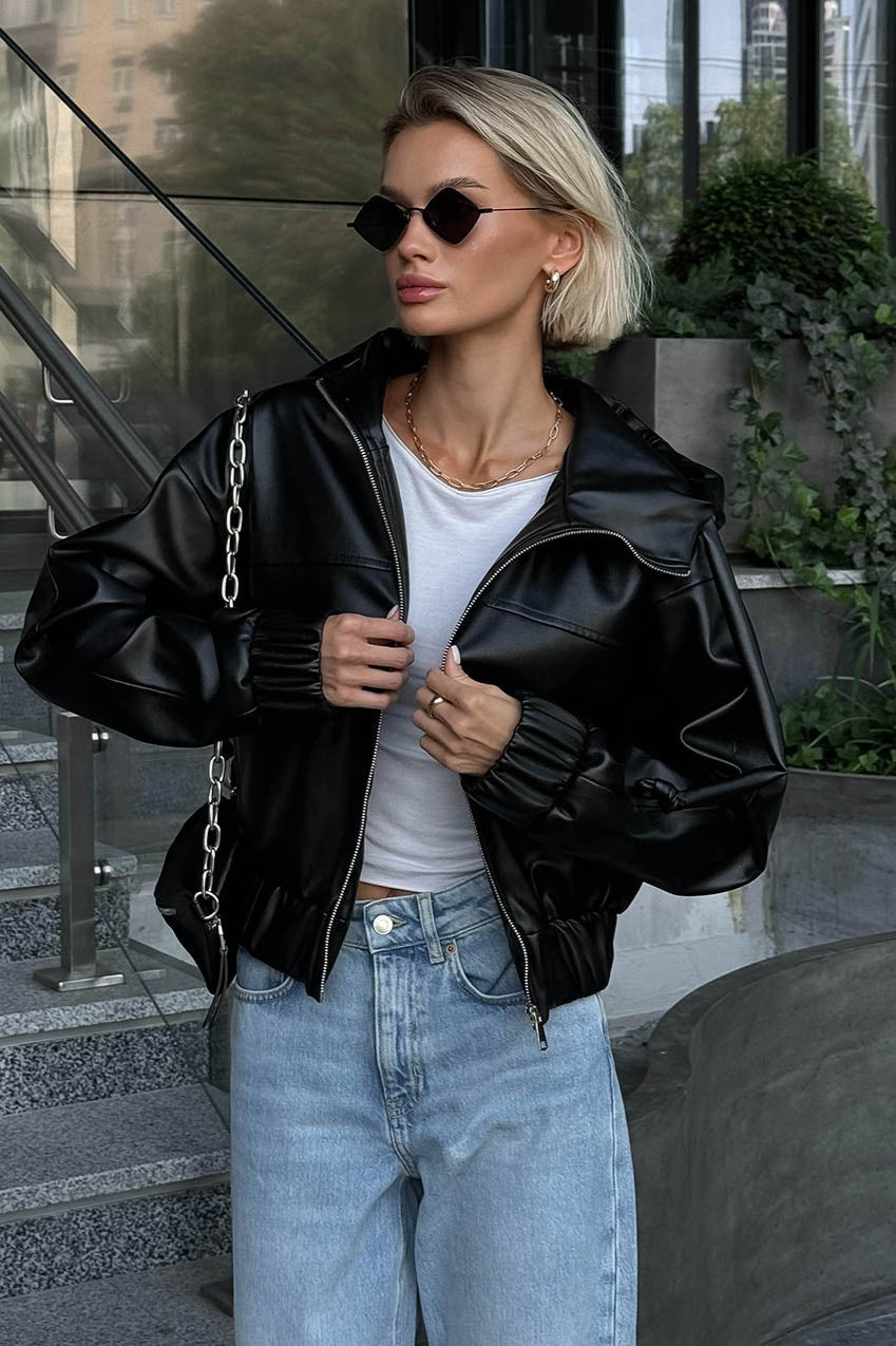 PU Leather Hooded Casual Jacket