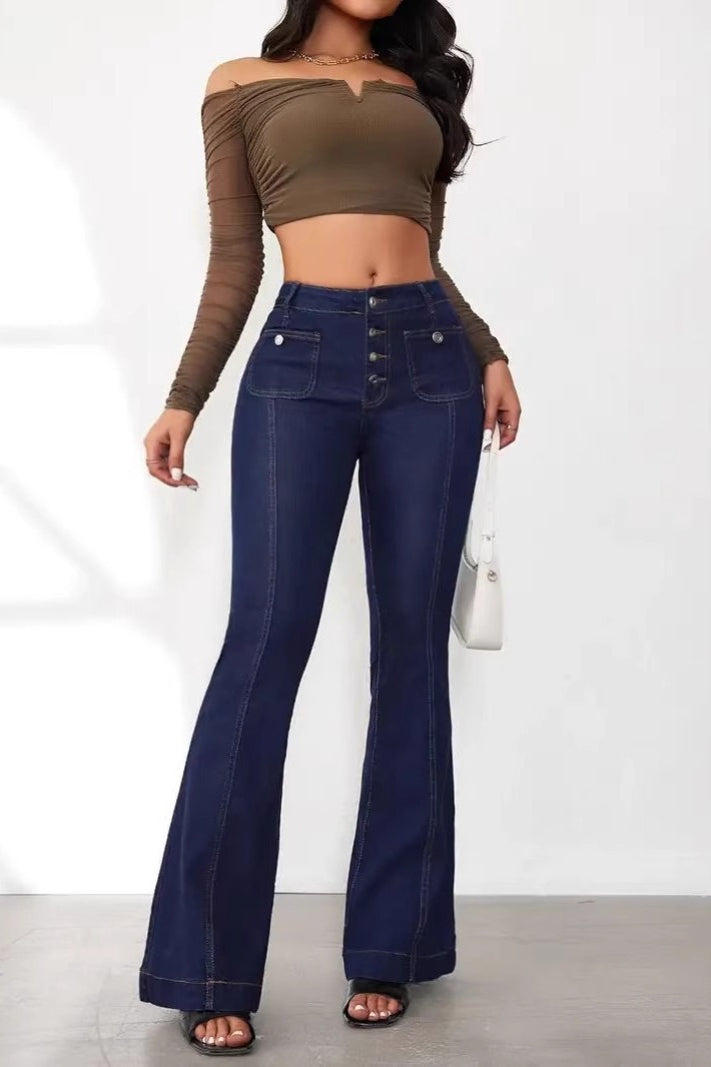 High Waist Button Front Patchwork Slim Kick Flare Jeans