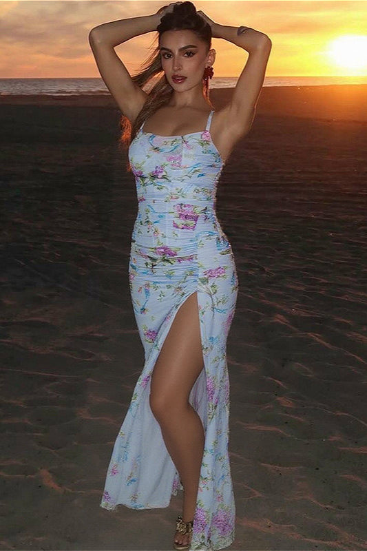 Floral Print Ruched Side Slit Bodycon Maxi Dress