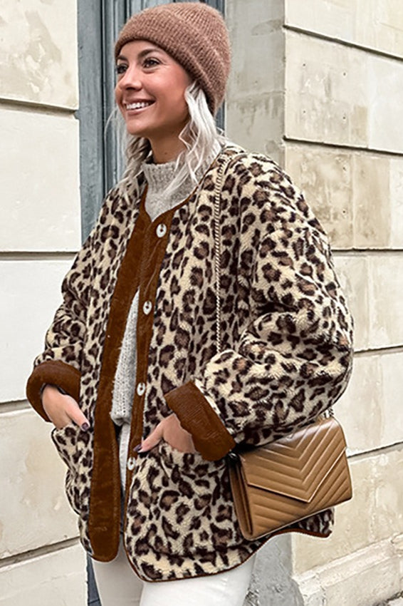 Oversized Leopard Lamb Fleece Coat - Fashionpara