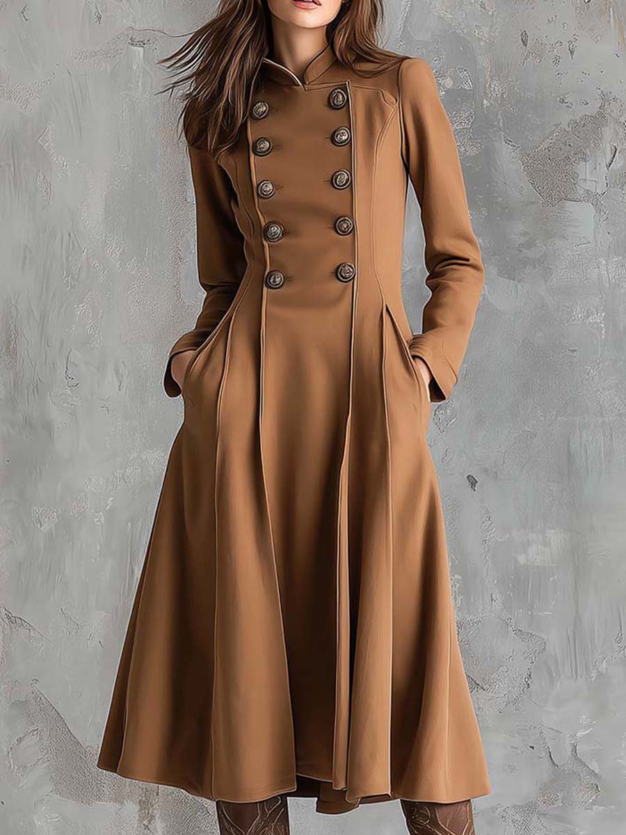 Vintage Camel Double-Breasted Midi Coat Dress - Fashionpara