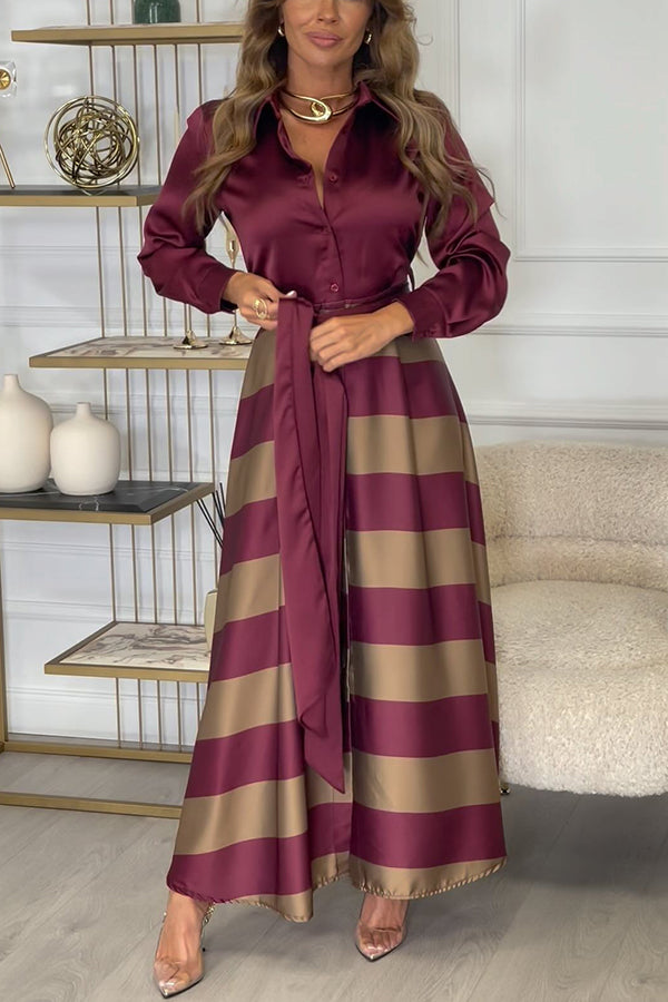 Lindsey Satin Colorblock Contrast Long Sleeve Belted Shirt Maxi Dress - Fashionpara