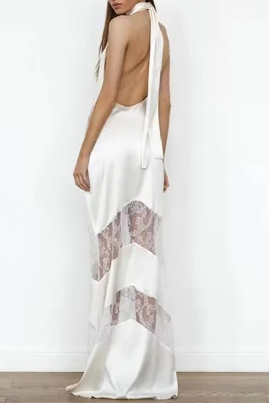 Halter Deep V-Neck Lace Panel Backless Mermaid Maxi Dress 2