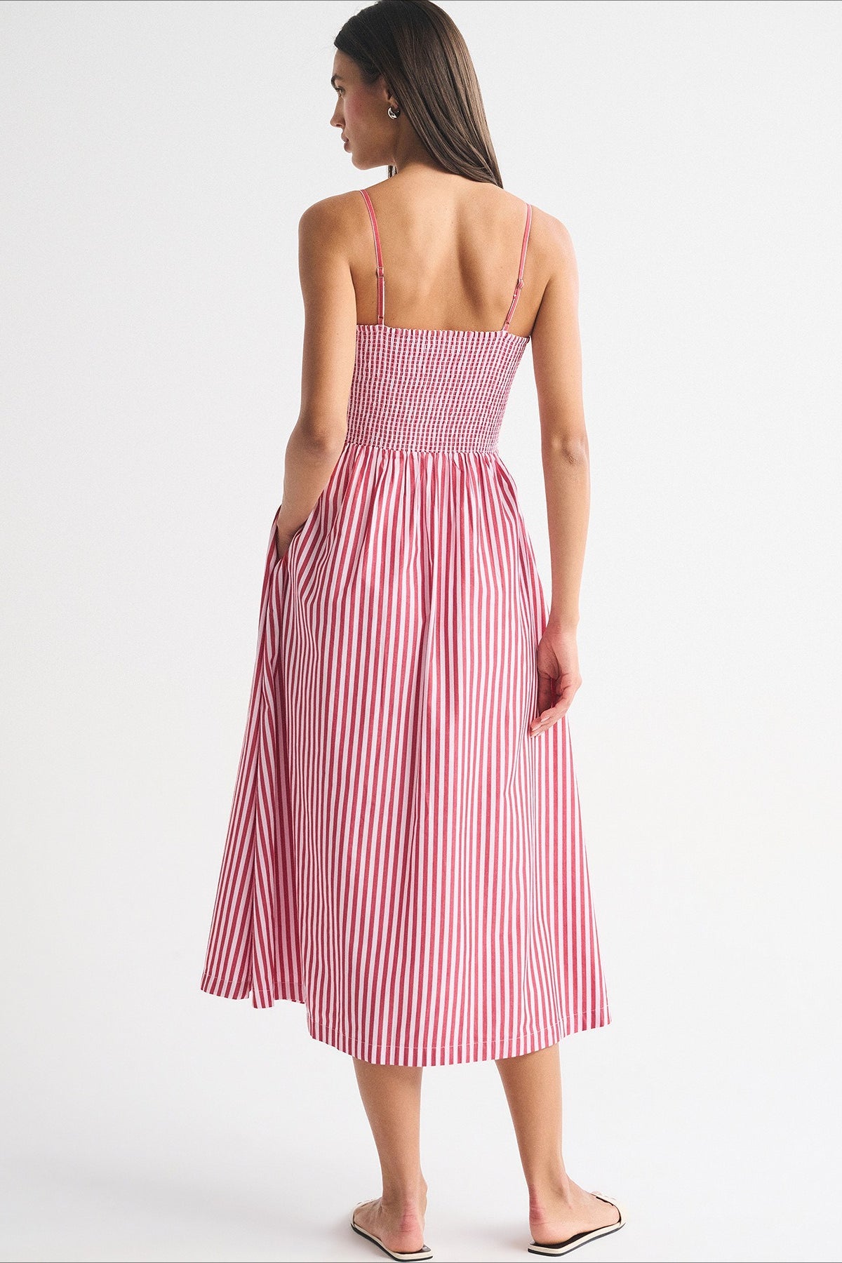 Striped Shirred Bodice A-Line Midi Dress