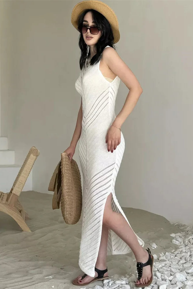 Crochet Knit Crew Neck Sleeveless Bodycon Maxi Dress