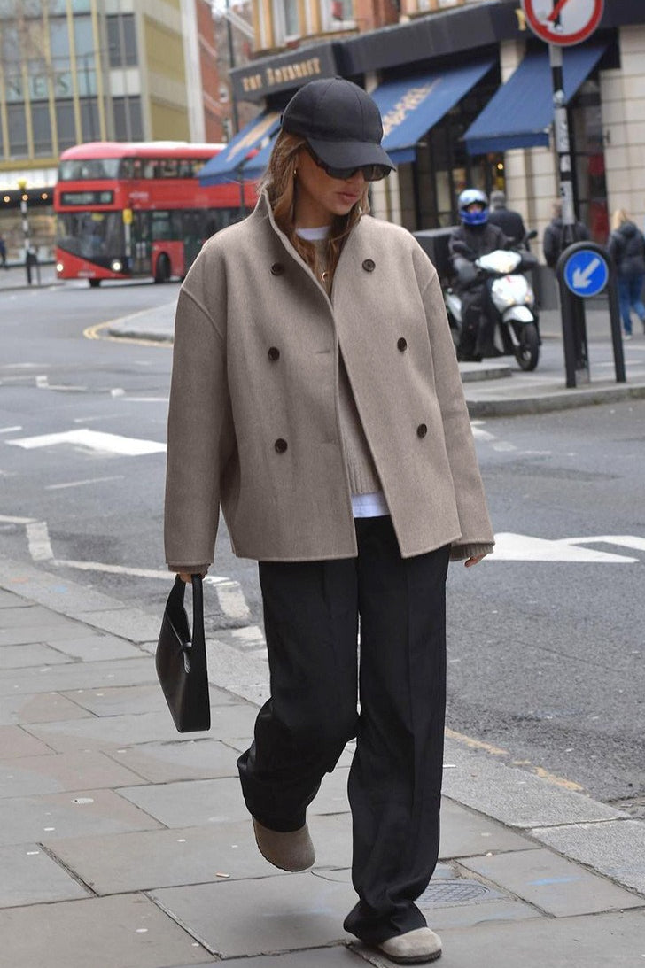 Double Breasted Stand Collar Wool Blend Jacket