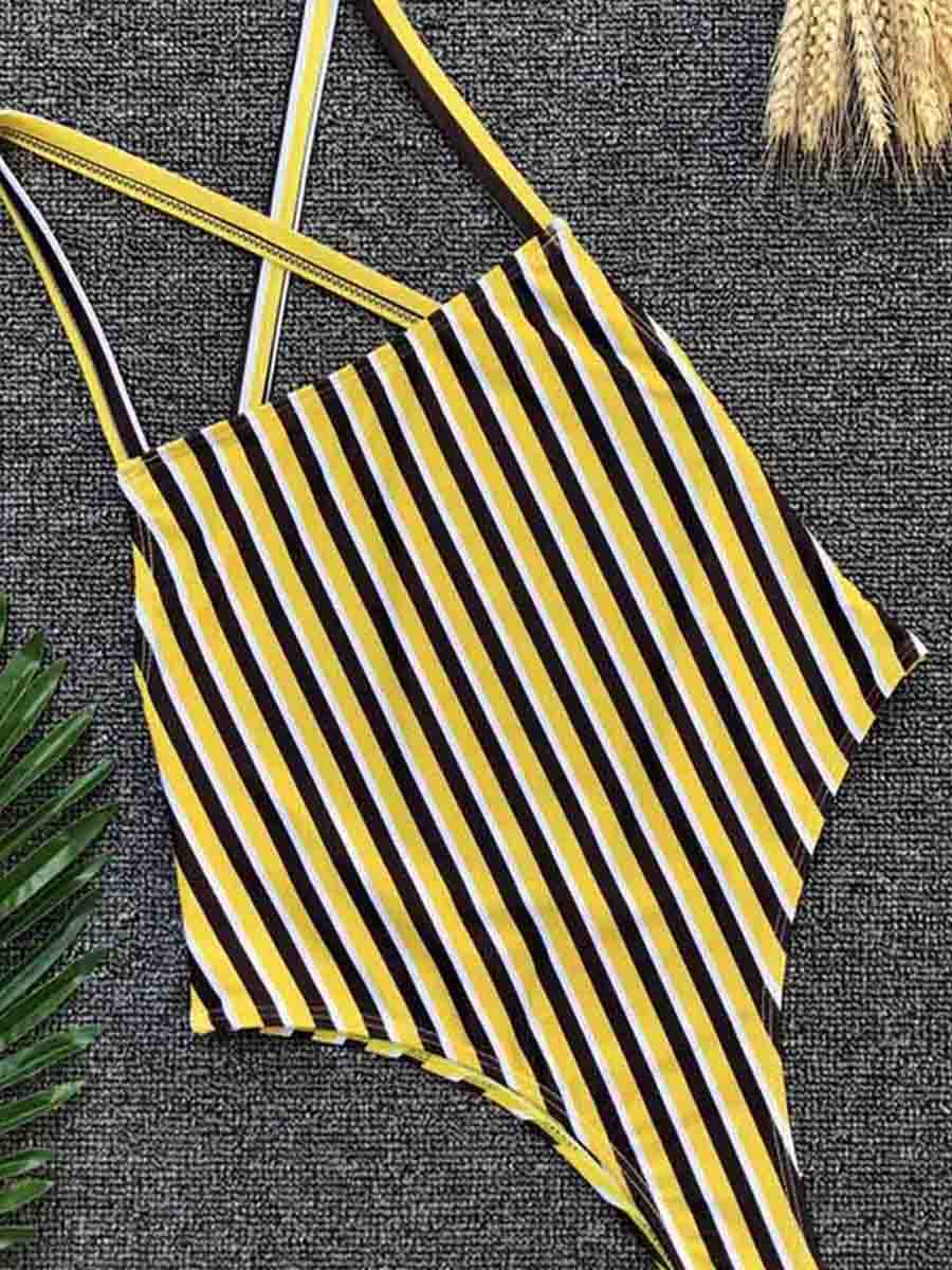 Striped Yellow One-piece Swimsuit - Fashionpara
