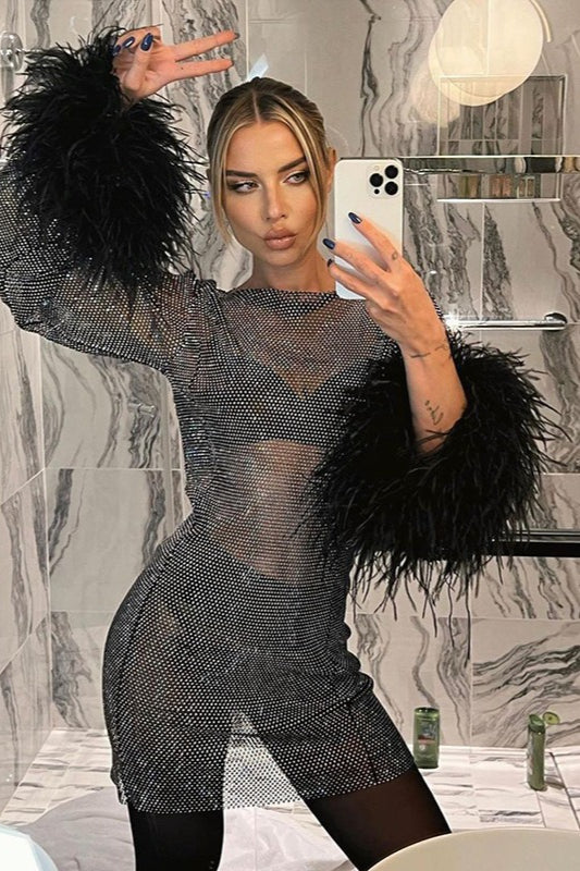 Sequin Mesh Long Sleeve Feather Peplum Waist Mini Cocktail Dress - View 2