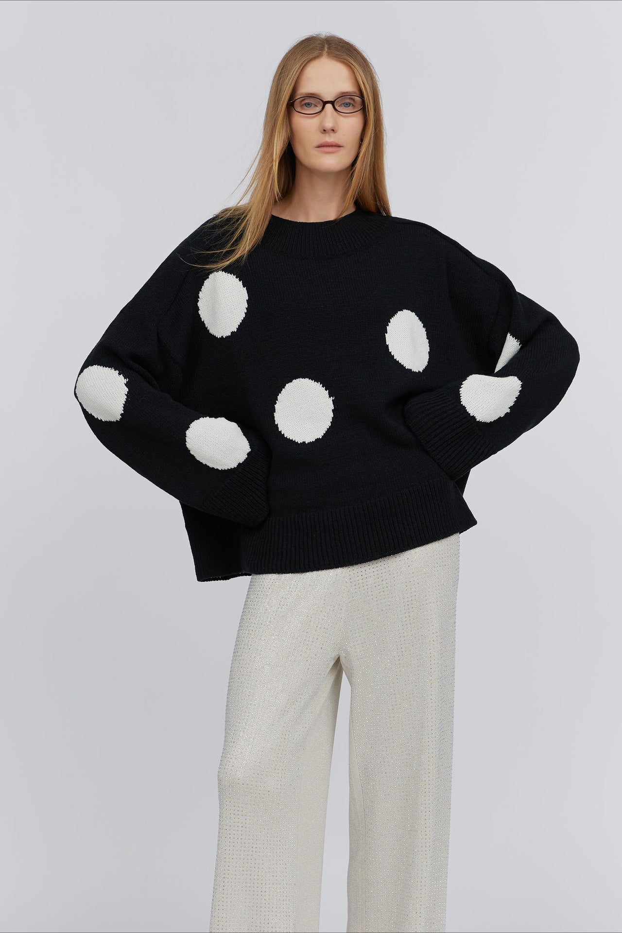 PrincessAce Polka Dot Crew Neck Knit Sweater for Elegance