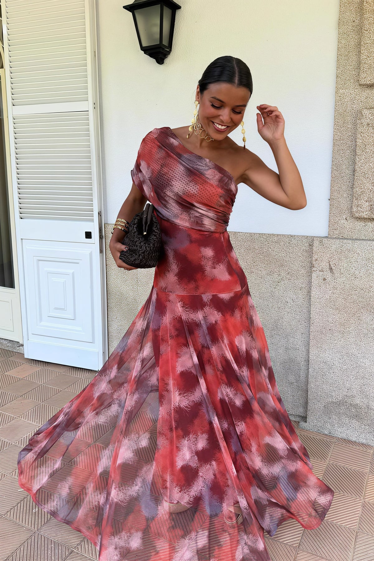 Feather Print One Shoulder Chiffon Maxi Gown