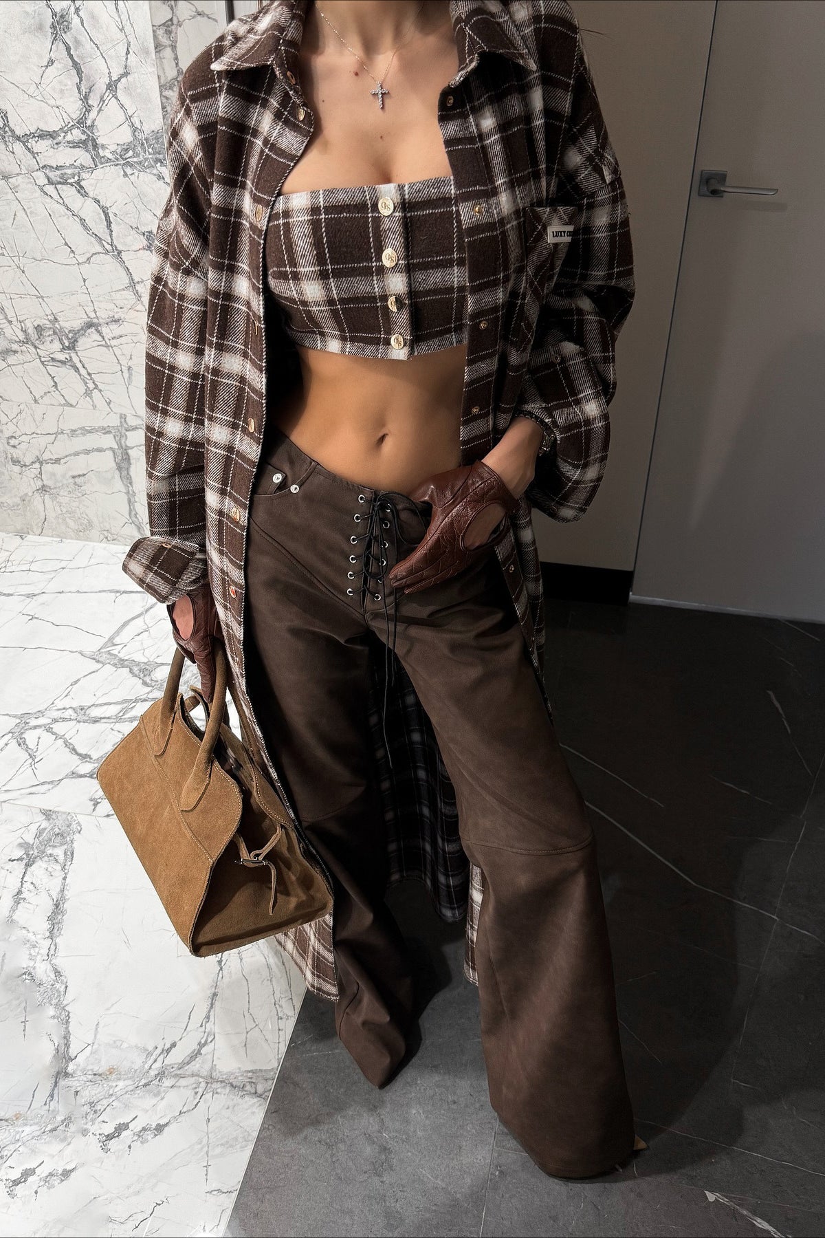 Designer Plaid Oversized Knee-Length Shirt Overcoat for Style