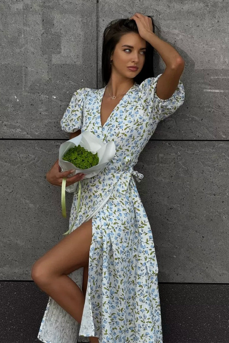 Floral V-Neck Puff Sleeve Wrap A-Line Midi Dress 2