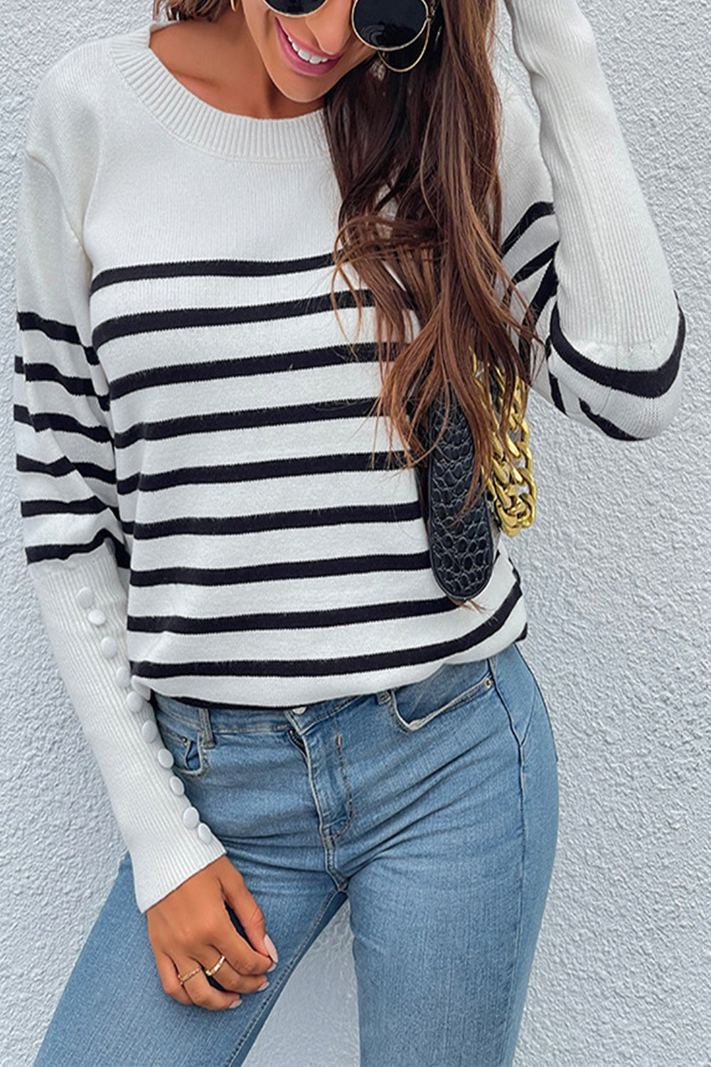RadyRin Button Contrast Striped Sweater for Stylish Comfort