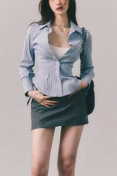 Embroidered Striped Slim Lapel Blouse