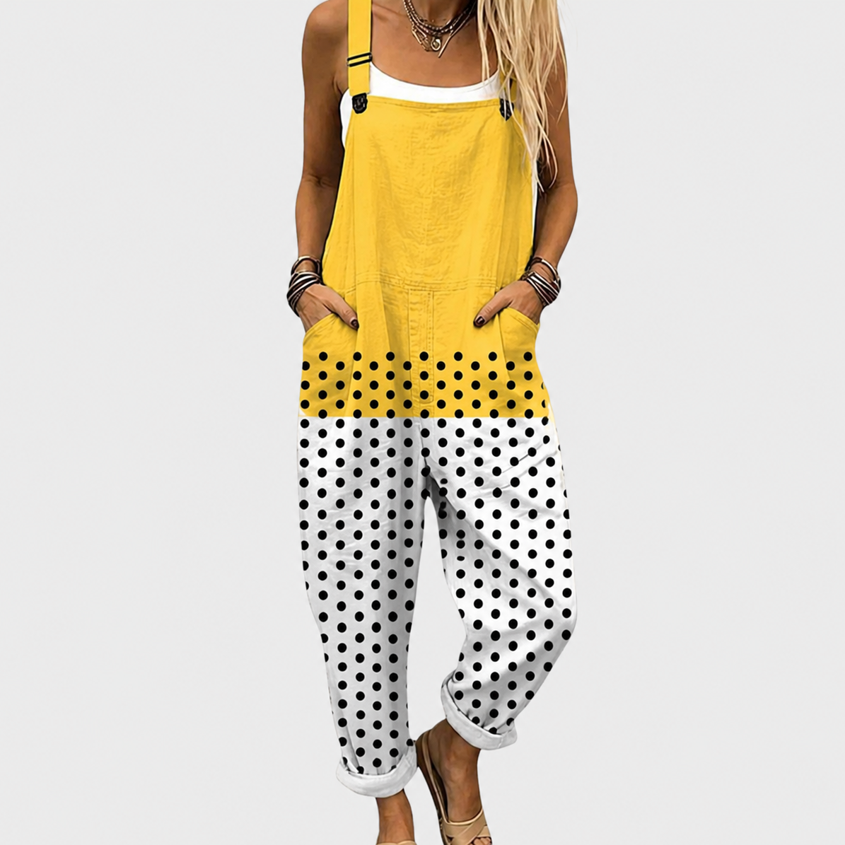 Colorblock Polka Dot Adjustable Strap Overall Jumpsuit