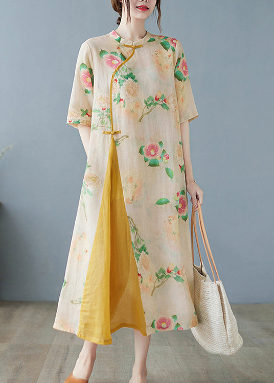 Floral Print Mandarin Collar Frog Closure Asymmetric Midi Dress - View 2