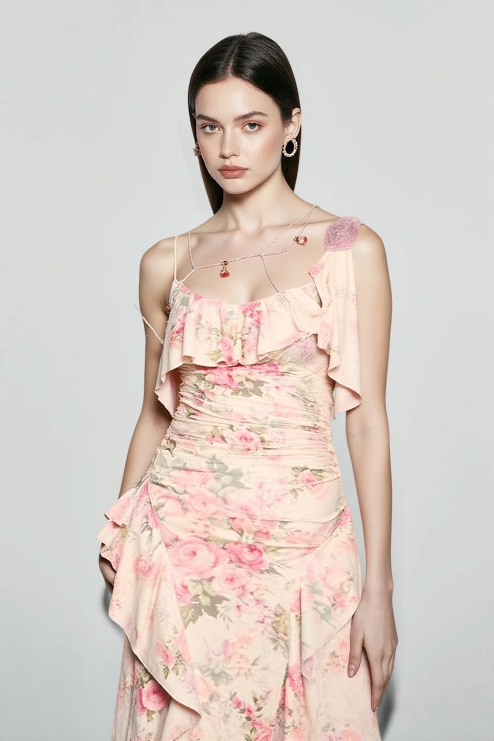 Floral Ruffle Square Neck Ruched Dress