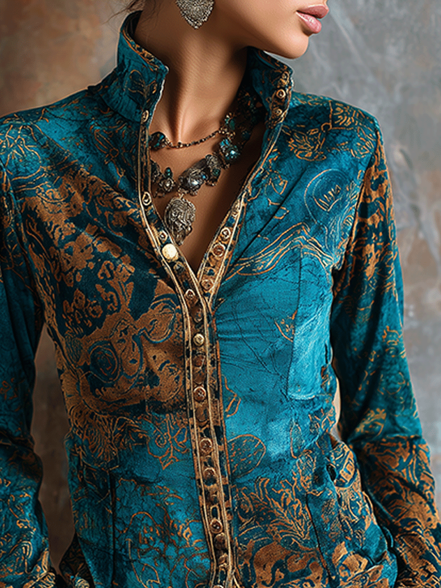 Boho Chic Vintage Peacock Blue Velvet Golden Print Fit Blouse - Fashionpara