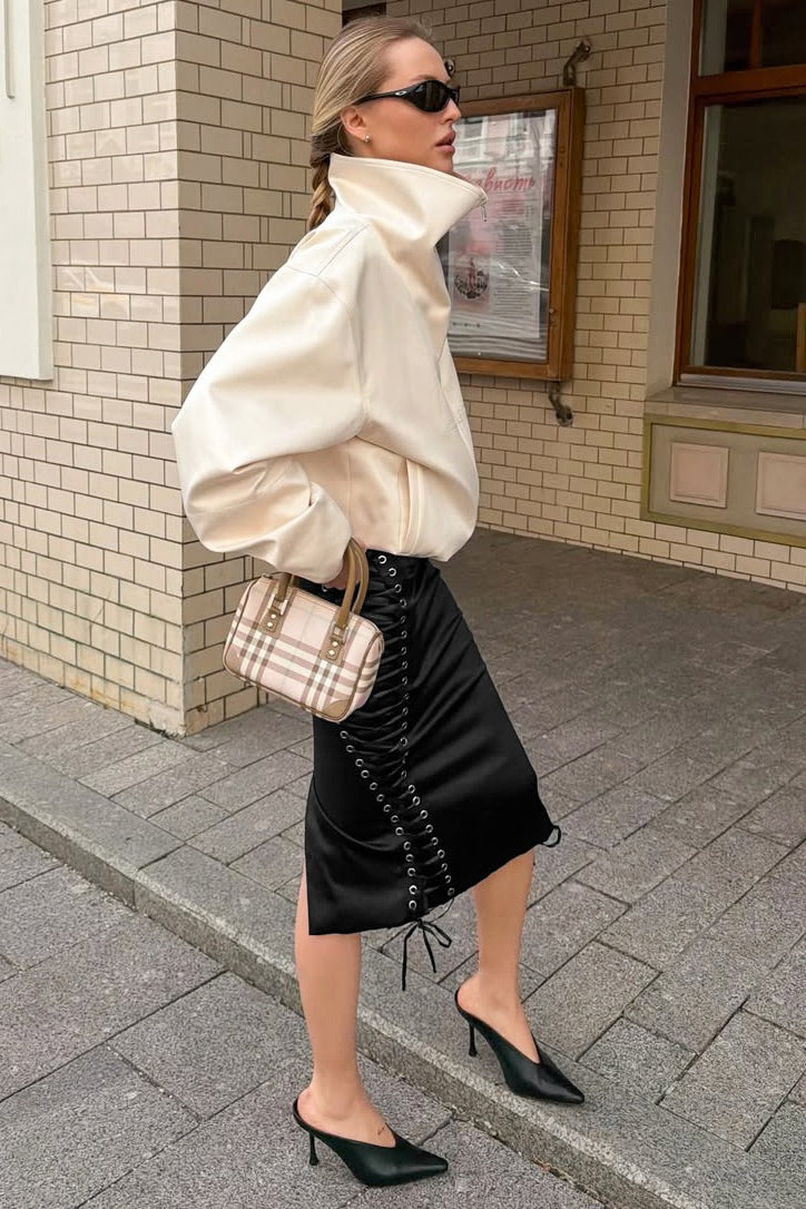 Lace-Up Satin Midi Skirt