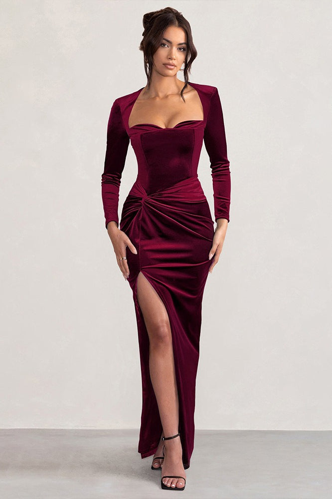 Velvet Square Neck Party Dress - Fashionpara