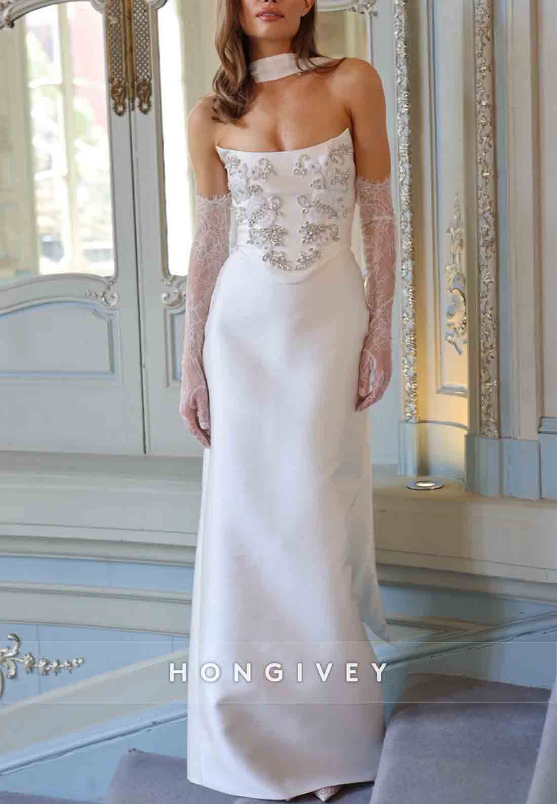 Strapless Crisscross Back Lace Sleeves Appliqued Column Wedding Dressesaa