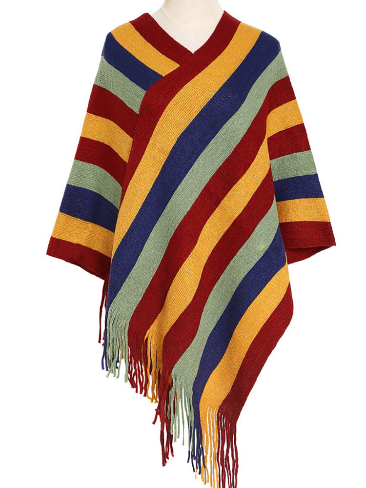 Knitted Striped Tassel Poncho 3