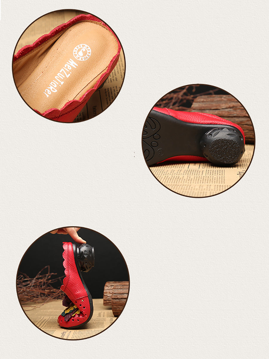 Ethnic Leather Flower Spliced Low Heel Sandals