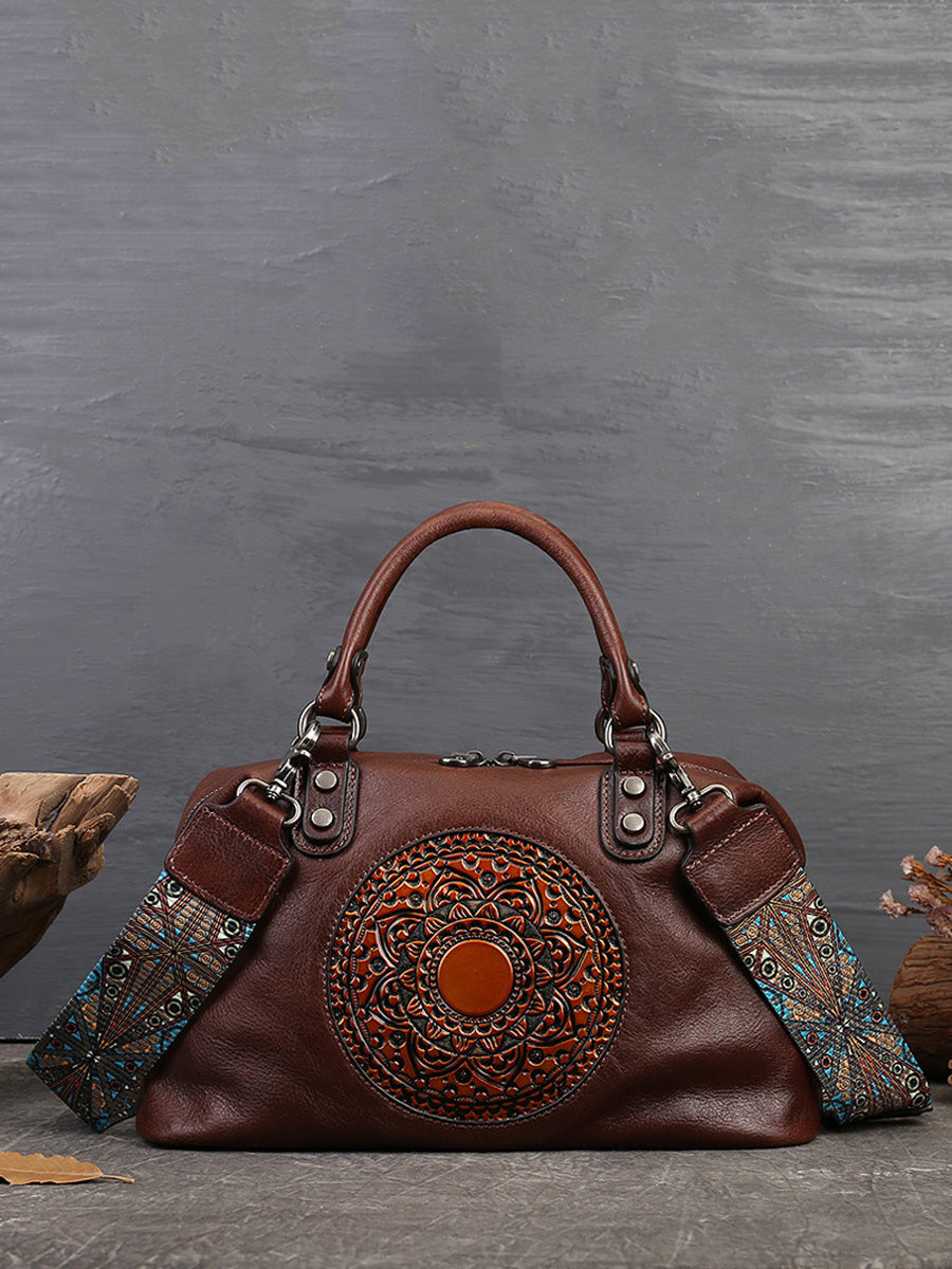 Leather Flower Spliced Capacity Hand Bag Shoulder Bag