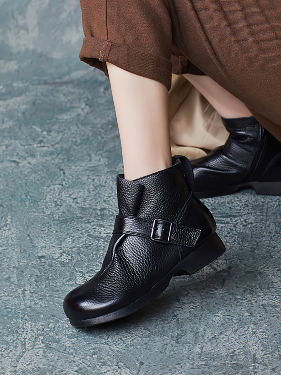 Vintage Autumn Soft Leather Buckle Low Heel Boots