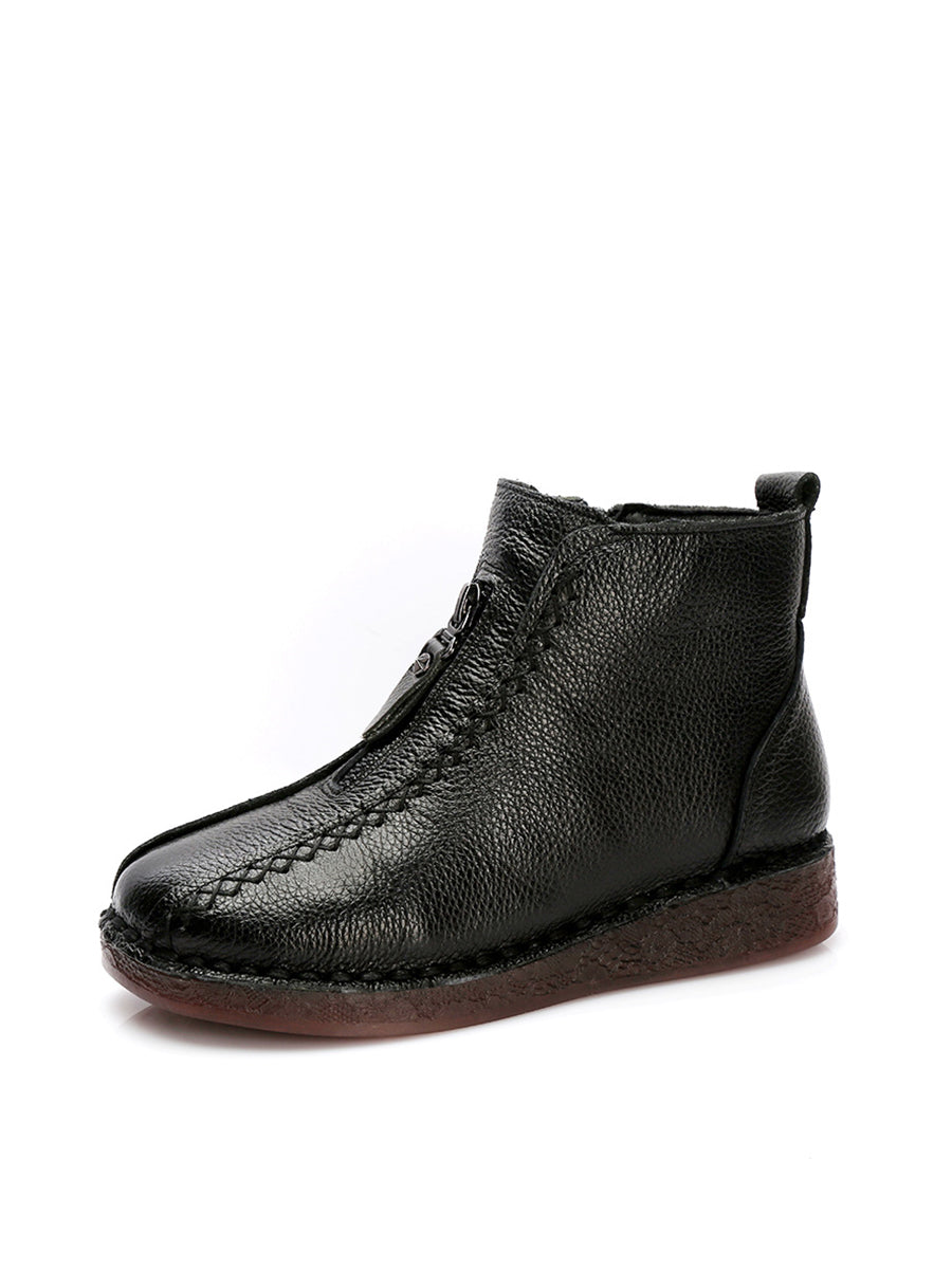 Winter Vintage Leather Fleece-lined Low Heel Boots
