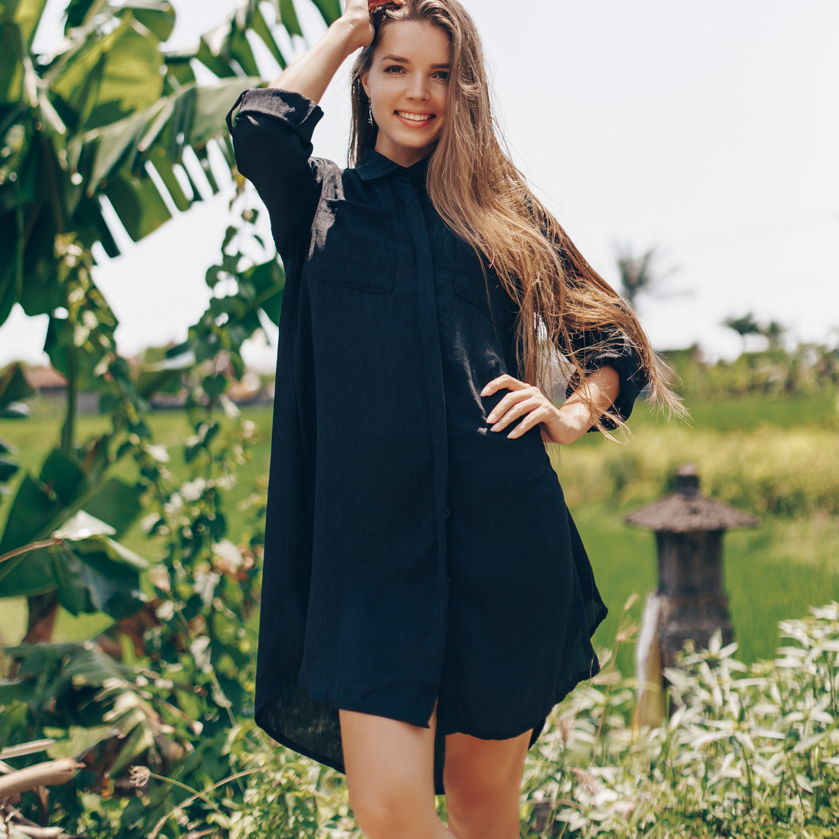 Solid Color Roll Up Sleeve Swimsuit Cover Up