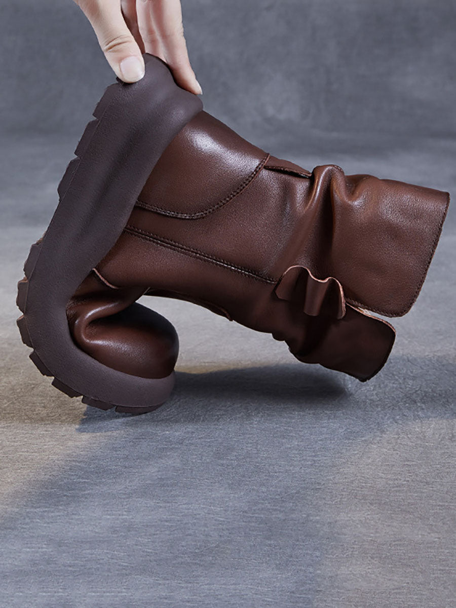 Winter Genuine Leather Spliced Low Heel Boots